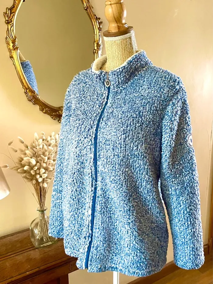 sublime veste teddy bouclette zippée bleu col montant poches cosy confort doux neuf taille M