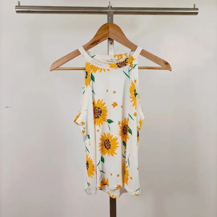 Débardeur blanc imprimé tournesols CMT Collection dos nageur léger été taille M femme A1102