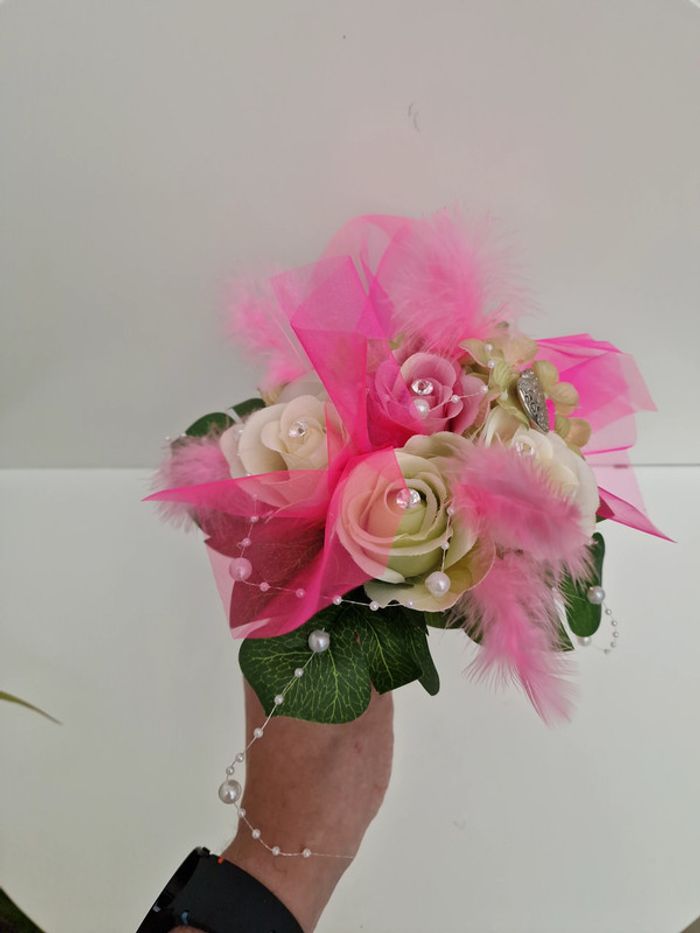 Bouquet De Mariée Roses Tulle Perles Plumes Dentelle - photo numéro 11