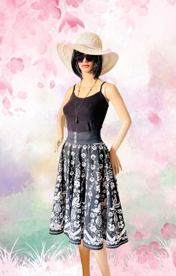 🖤🌿Jupe volante vintage fleurie baroque floral black white mid-length skirt🌿🖤