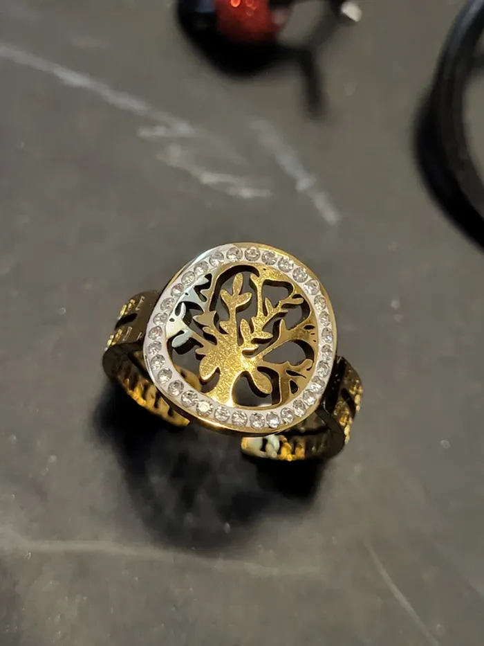 Bague ajustable acier inoxydable Arbre de vie Dorée et strass