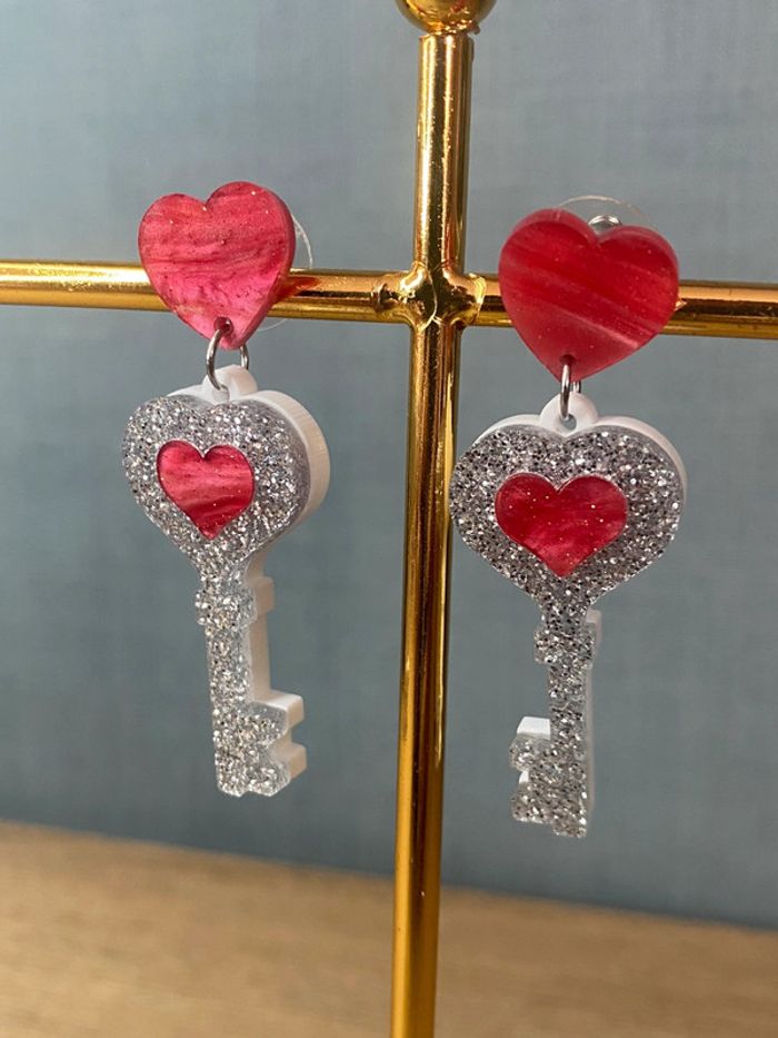 Boucles d oreilles acrylique clé paillettes tendances - photo numéro 2