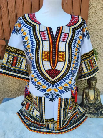 Haut dashiki traditionnel mixte blanc multicolore chunnuan taille unique