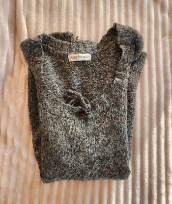 Pull long gris chiné manches courtes – Maille douce avec laine – Taille M