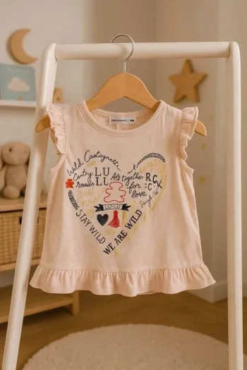 Tee-shirt bébé fille LuluCastagnette 18 mois – Rose poudré à volants et cœur imprimé