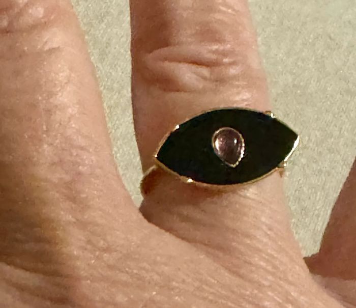 Bague en forme d’œil réglable résine noire perle goutte rise acier inoxydable or - photo numéro 3