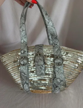 Sac à main paille sequin argenté effet pitons