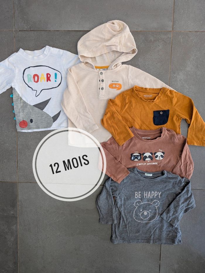 đ Lot 5 tee-shirts manches longues â 12 mois â Benetton, Vertbaudet, Orchestra, Smiley - TBE