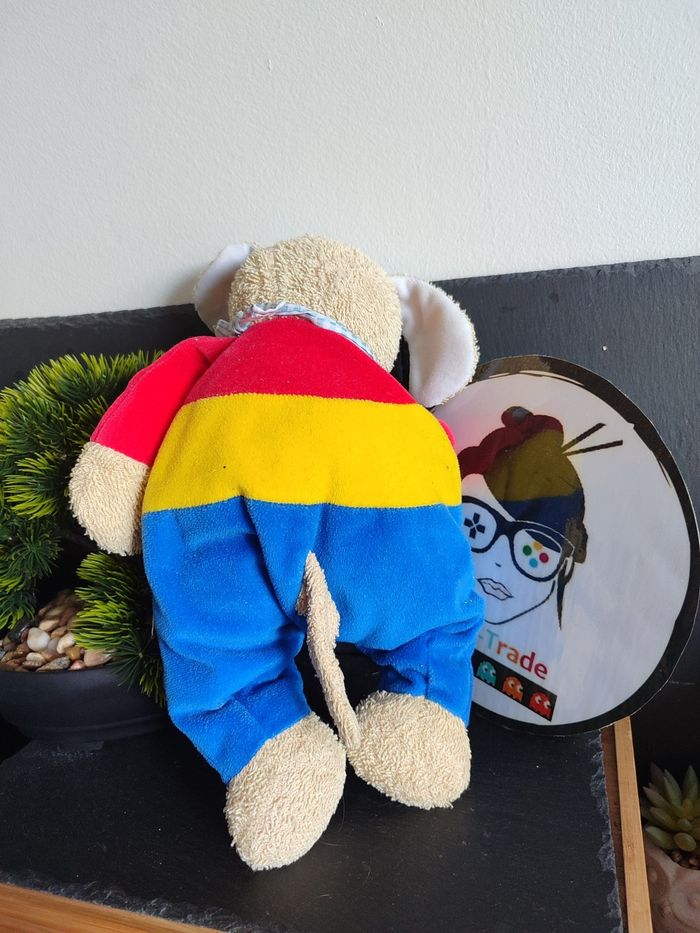 Doudou lapin chien beige rouge jaune bleu bandana envog  carreaux ancien Peluche - photo numéro 2