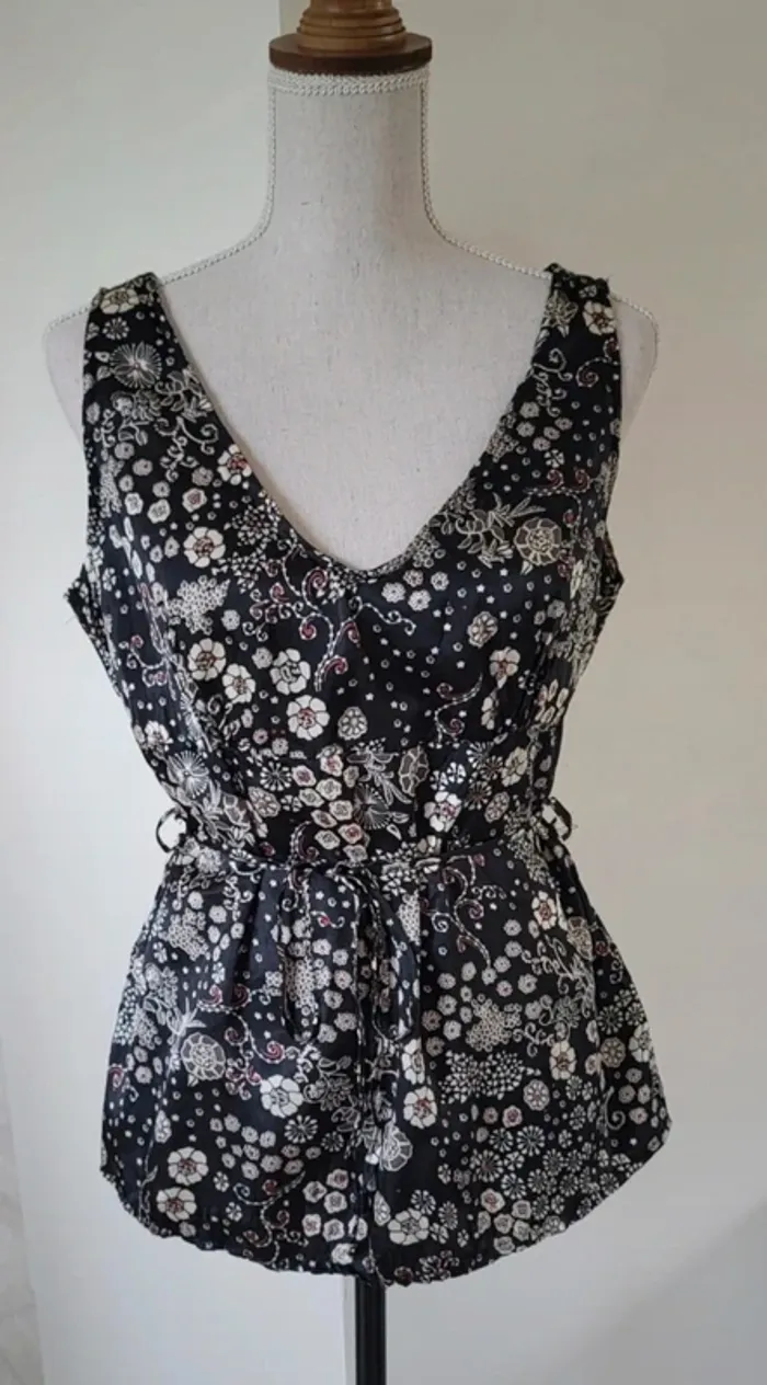 Débardeur fleuri noir, blanc et corail Green Taille 38 - photo numéro 5