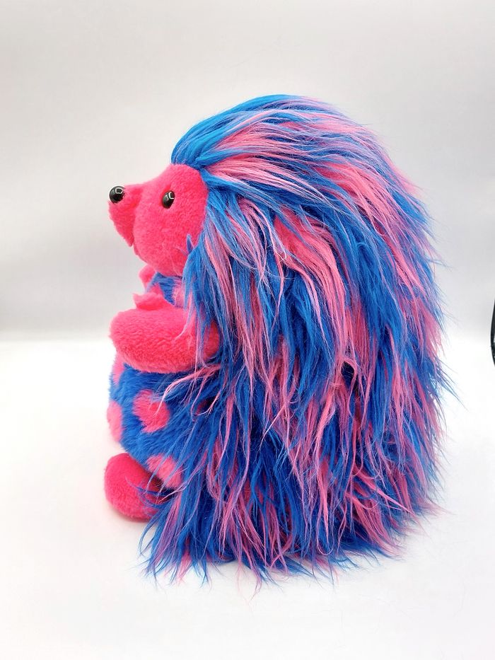 Peluche Vintage ancien doudou hérisson AJENA longs poils bleu rose pois 33 cm - photo numéro 2