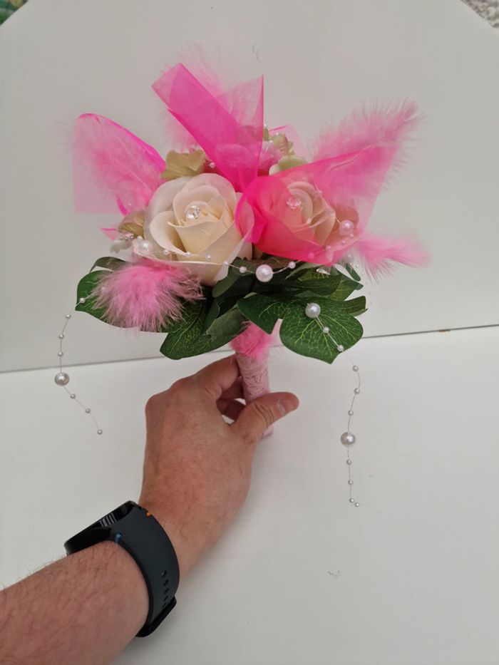 Bouquet De Mariée Roses Tulle Perles Plumes Dentelle - photo numéro 19