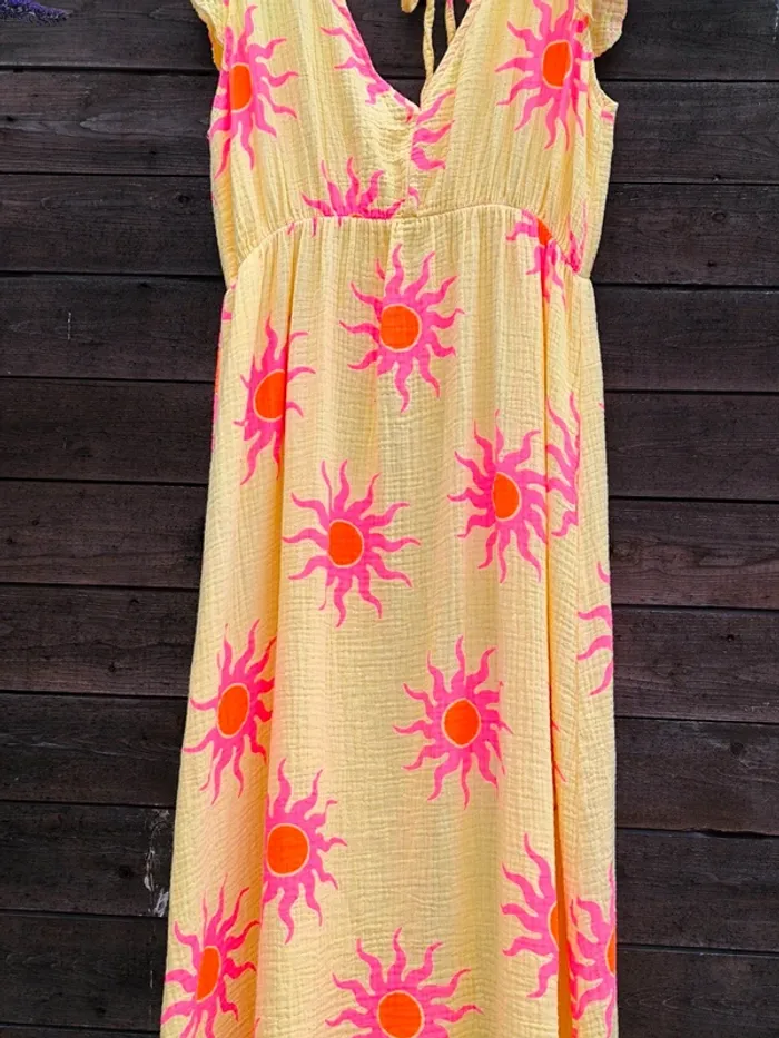 Robe longue été jaune et rose gaz de coton avec soleil TU 36 à 42 - photo numéro 5