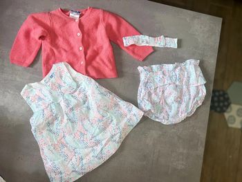 Ensemble Jacadi 6 mois été Liberty robe bloomer culotte bandeau gilet