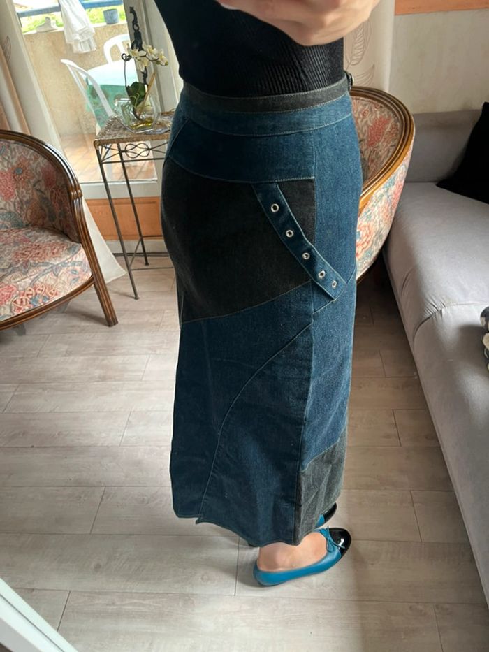 Jupe longue maxi skirt jean bohème champêtre denim y2k 2000yer destroy - photo numéro 3