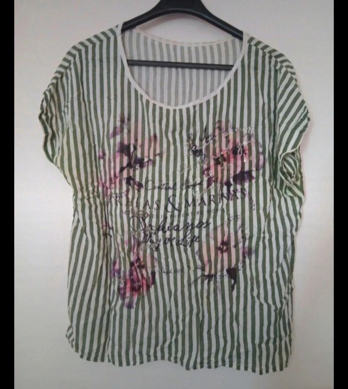 T-shirt femme rayée blanc et vert en viscose taille 38