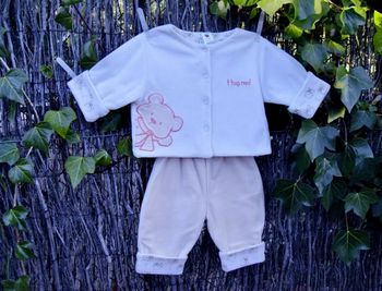 C&A - ENSEMBLE 2P VELOURS BÉBÉ GARÇON BEIGE & BLANC MOTIF PETITS OURS 3M