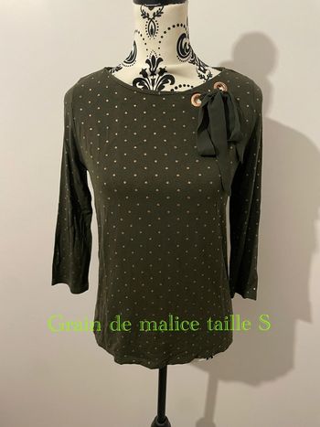 Pull manche 3/4 kaki à pois doré col rond noeud col grain de malice taille S