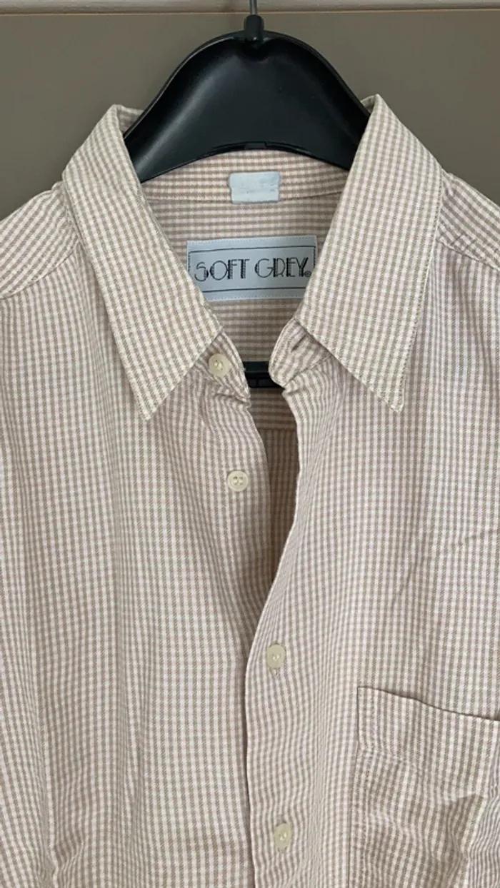 Chemise homme manches longues à carreaux beige et rose fond écru taille 43/44 Soft Grey - photo numéro 2