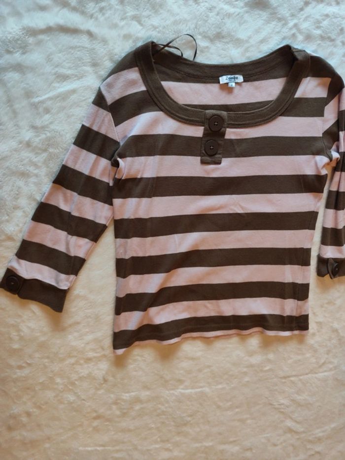 Maillot manche longue femme rayer rose marron marque zamba taille 2 - photo numéro 2