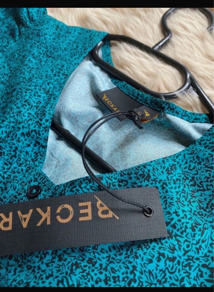 Robe courte bleu canard / vert tacheté de noir Beckaro Taille XS / 34 Neuf avec étiquette - photo numéro 2