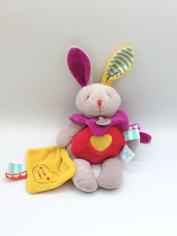 Doudou peluche lapin gris violet BABY NAT les zetik’t rose mouchoir jaune coeur 32 cm
