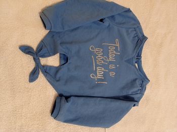 Pull manche longue couleur bleu porter trois fois voir photos il se nous devan Vertbaudet taille 6 ans 114 cmt avec inscription brillante voir photos