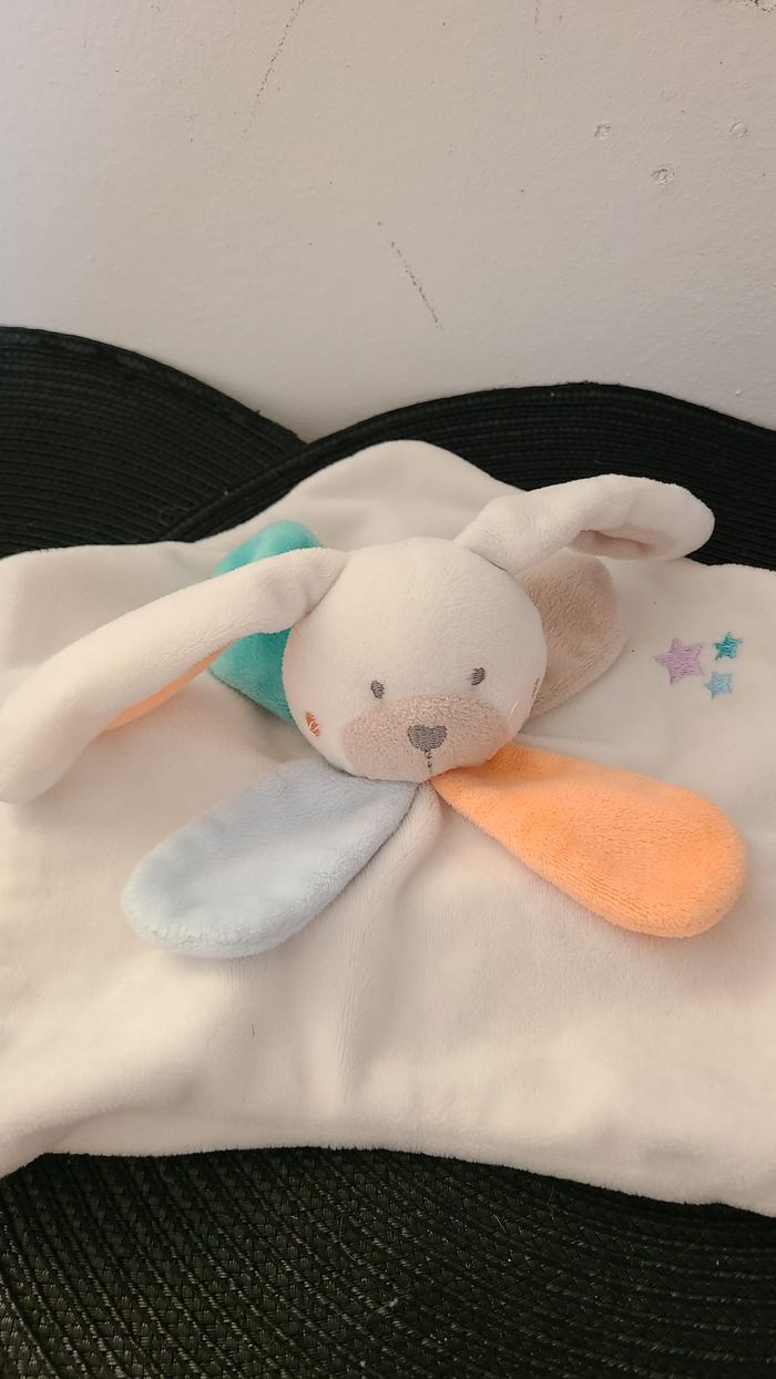Doudou plat lapin blanc beige bleu orange gris Bébé9 - photo numéro 5