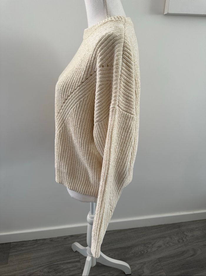 Pull côtelé blanc crème en maille chenille Vintage T40 L - photo numéro 4
