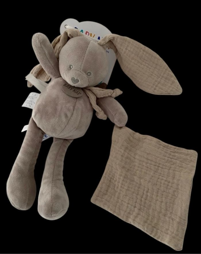 ❤️B4898 Doudou Plat Mouchoir Lapin Mocca Beige Gris Nez Cœur Babynat Baby Nat