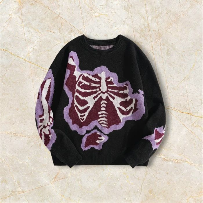 Knit Squelette Sweater Y2K Vintage Oversized 90s Taille M – Crewneck Old School Americain Streetwear