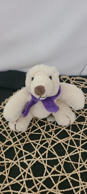 Doudou Ours GIPSY Blanc Polaire Echarpe Violet Mauve Peluche 13 Cm Assis