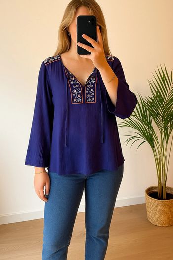 Blouse brodée bohème bleu violine – Promod – Taille 40