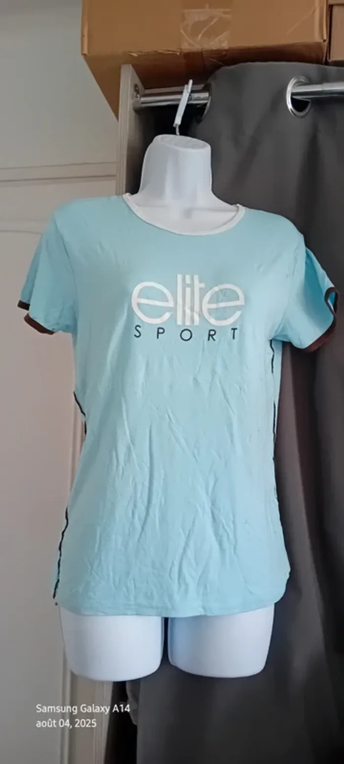Tee-shirt de sport élite manches courtes bleu et blanc col rond en viscose femme 40/42 élite sport - photo numéro 6