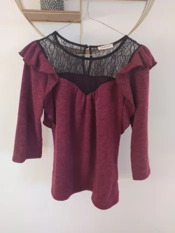Pull bordeaux et dentelle noire S Cache cache