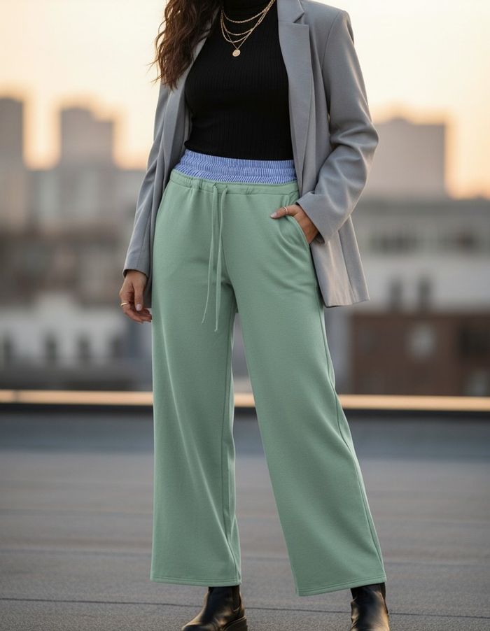 Pantalon fluide top tendance vert d'eau / vert amande - photo numéro 2
