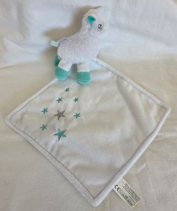 Doudou peluche Lama blanc et vert avec mouchoir etoiles - Tom & Zoé