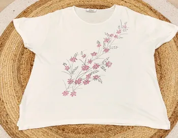 Pull fin à manches courtes fleuri Afibel – Taille 52 – Très bon état  - Blanc