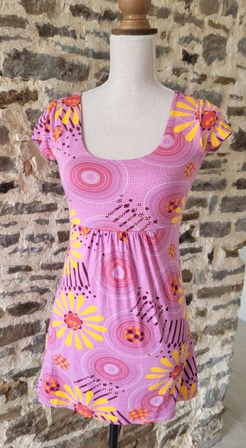 Tunique rose à fleurs jaune manches courtes Camaïeu Taille 34