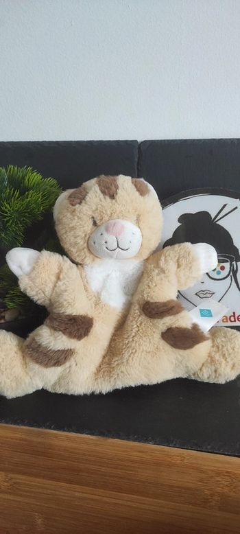 Tex doudou marionnette léopard beige marron chat tigre jaune rayé