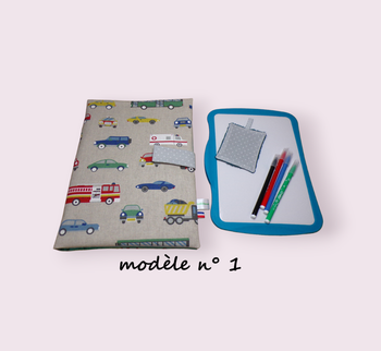 pochette range ardoise et feutres, effaceur offert, modèle véhicules fond gris n° 1