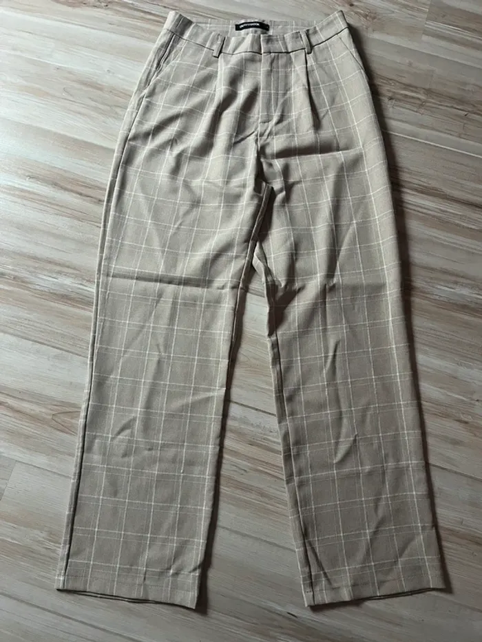 pantalon taille haute à carreaux femme blanc et beige crème - photo numéro 2