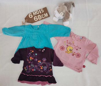 Tee-shirt  👣 lot de 3,  manches  longues, colorés, 6mois/67cm