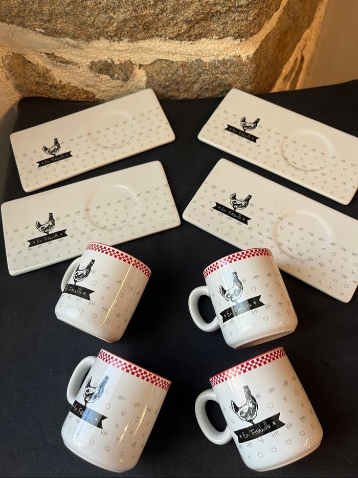 Magnifique lot de 4 tasses et 4 sous tasses  style campagne, poules - photo numéro 3