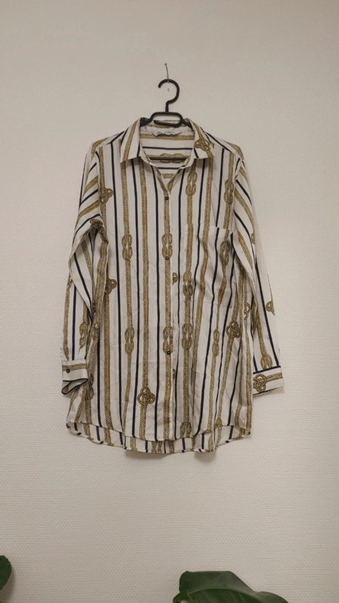 Magnifique chemise blouse satin motif doré corde rayure rayé bouton old money - photo numéro 2