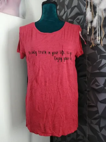 Tee-shirt long bi matière rouge et noir à message / kiabi / ( 16ans. S)