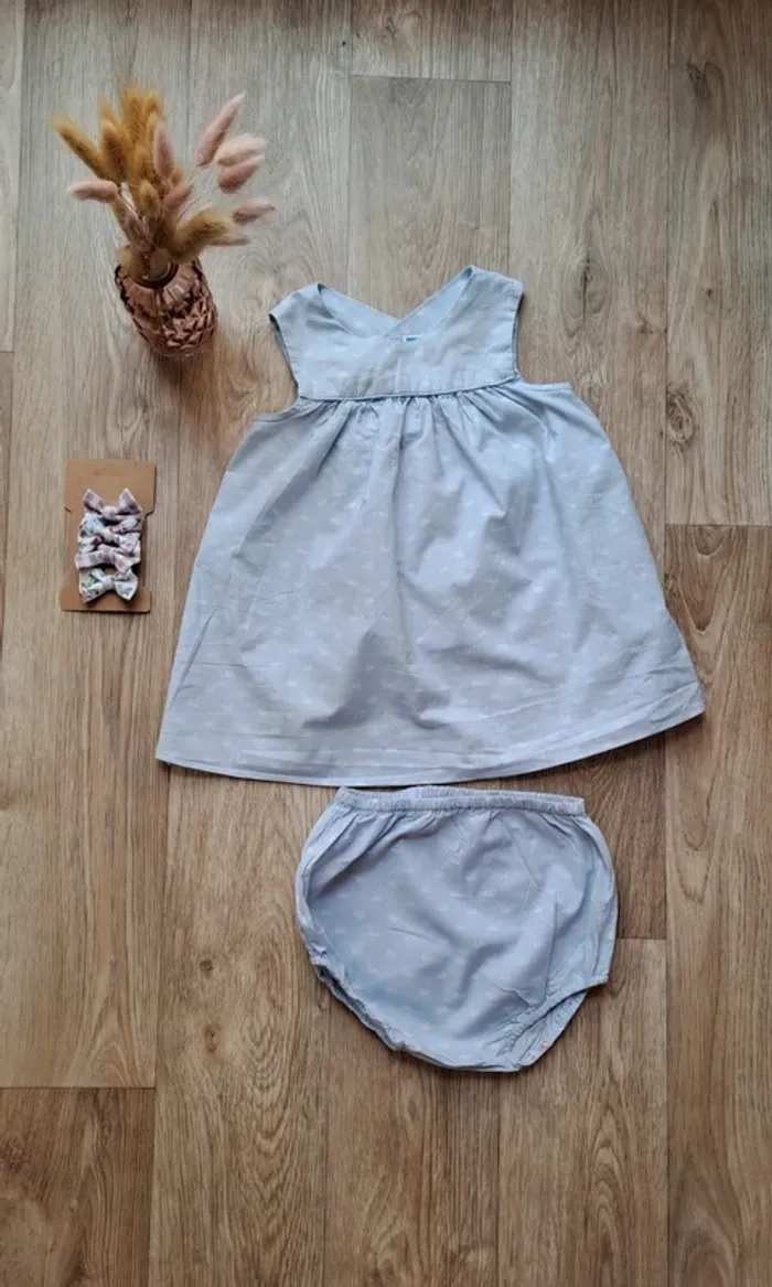 Robe et son bloomer Jacadi bleu clair motif cigne 12 mois