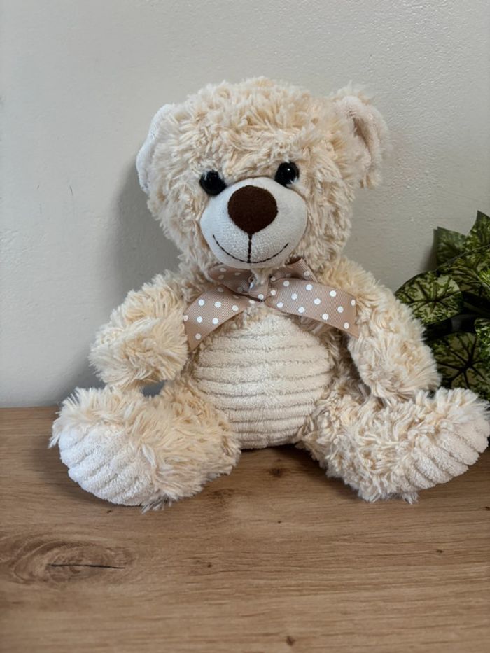 Doudou peluche ours écru noeud beige pois Max & sax