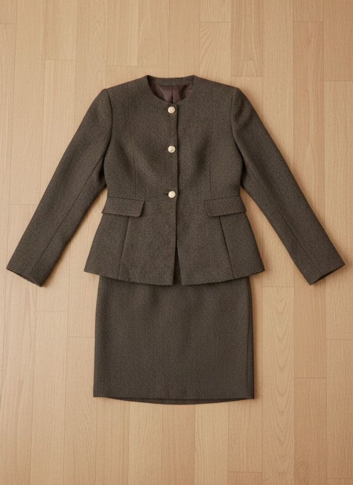 Ensemble tailleur jupe marron chiné - Style "Old Money" et boutons dorés - photo numéro 4