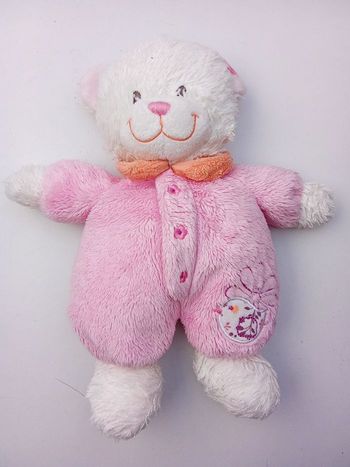 Doudou ours bébé fille rose, blanc, broderie oiseau marque tex baby